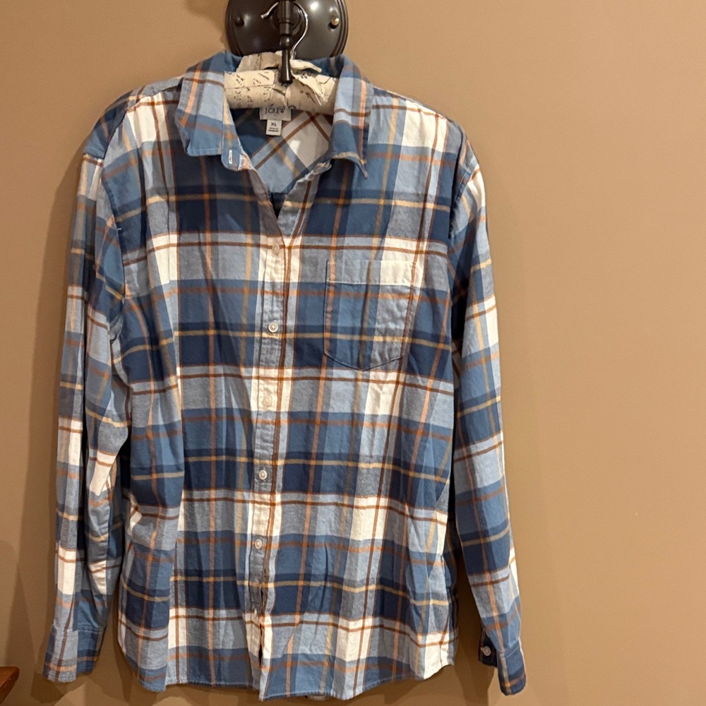 J. Crew Cotton Blue and Tan Plaid Button-Down Shirt EUC